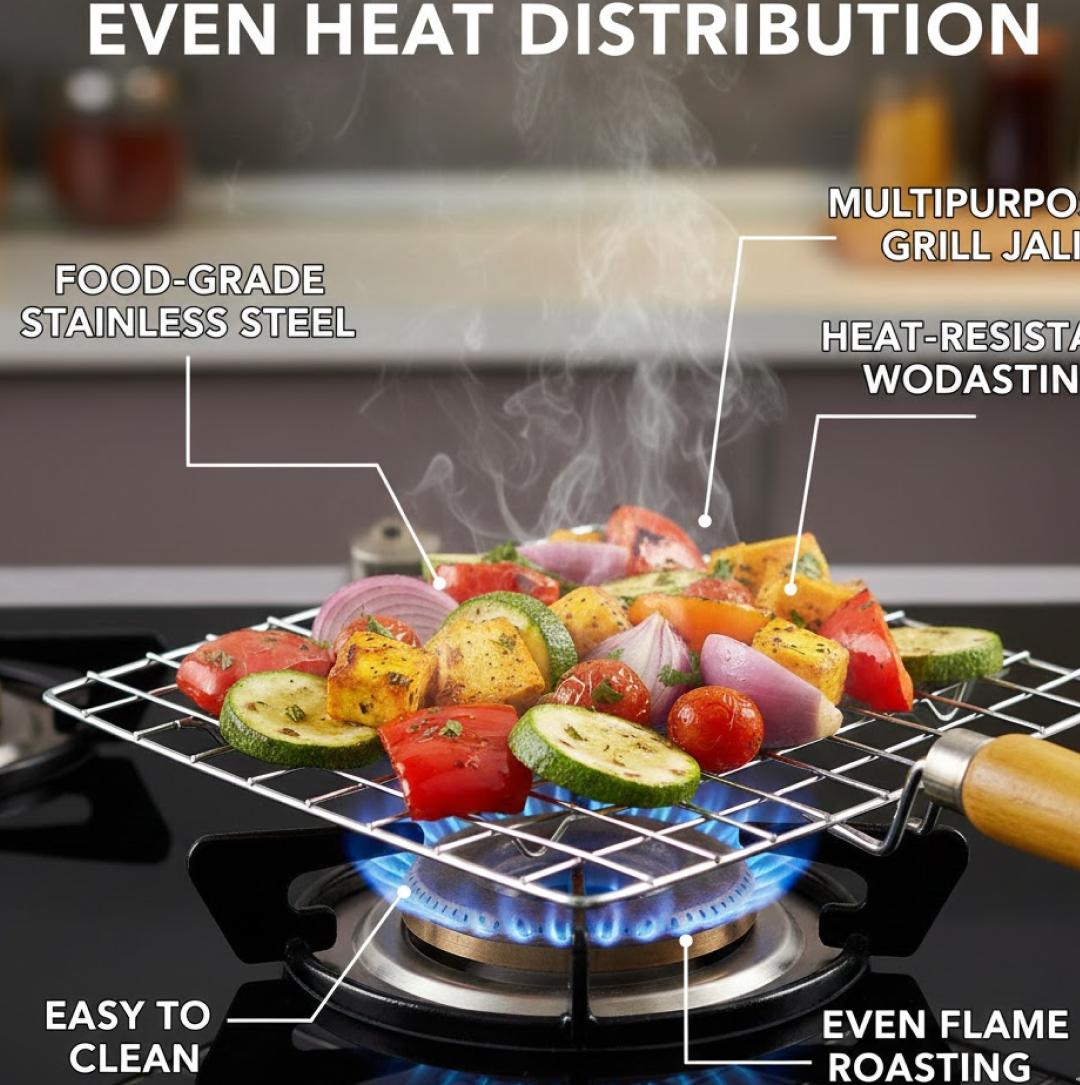 Kitchen Square Stainless Steel Roaster Jali, Barbecue Grill with Wooden Handle