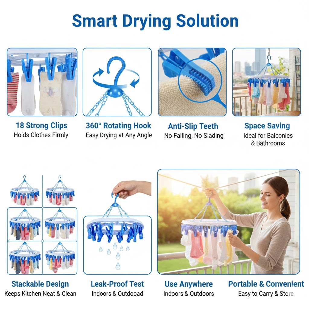 Plastic Round Cloth Drying Stand Hanger with 18 Clips (Multicolour)