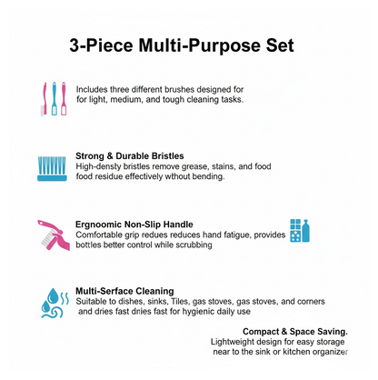 Multi-Purpose Kitchen Cleaning Brushes 3 Pc