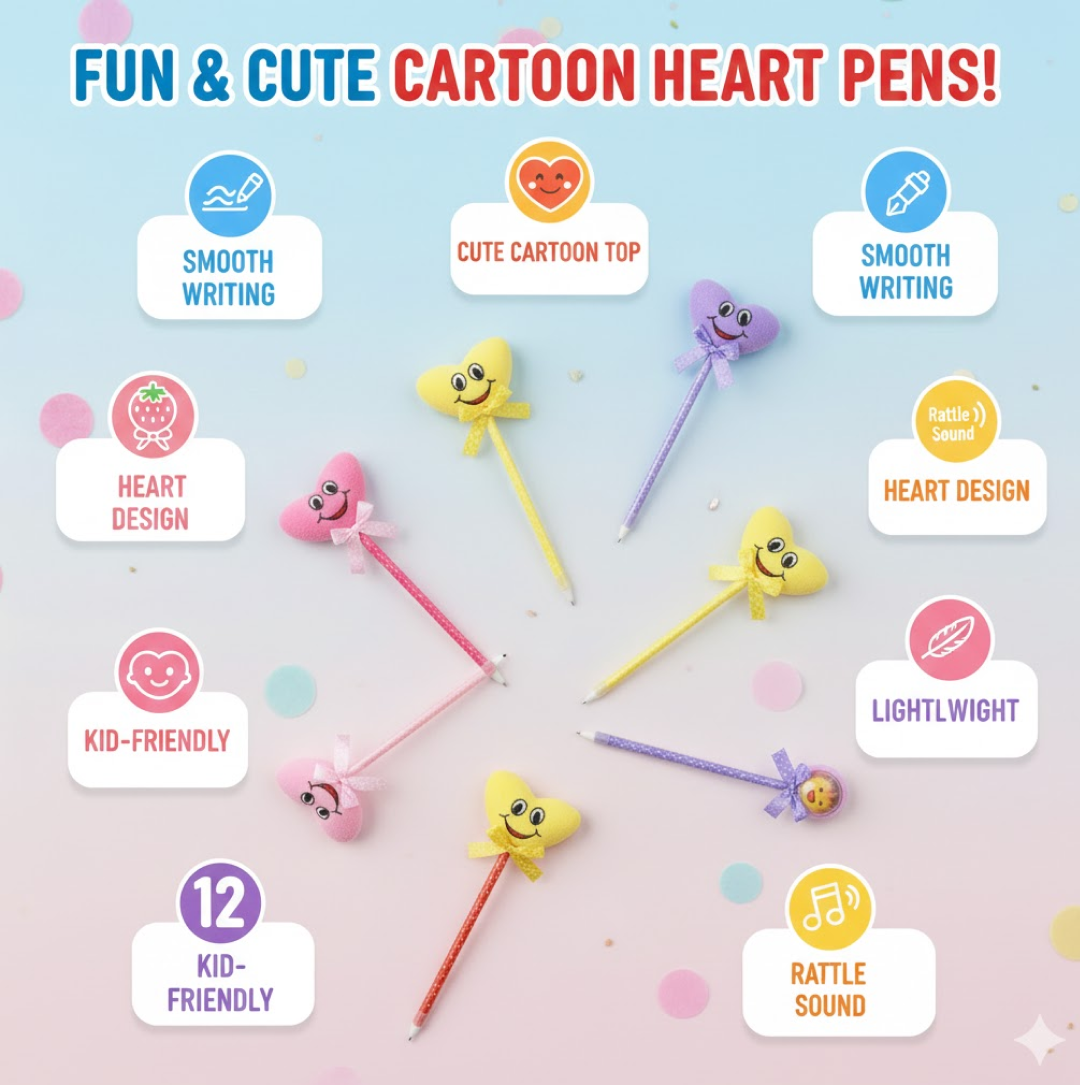 Cute Cartoon Shape & Heart Design Facy Writting Pen Attached Rattle | Ball Pen Smooth Writing For Wedding , Events & Multiuse Pen  Best Pen l Use for Kids (12 Pcs Set Mix Design & Color)