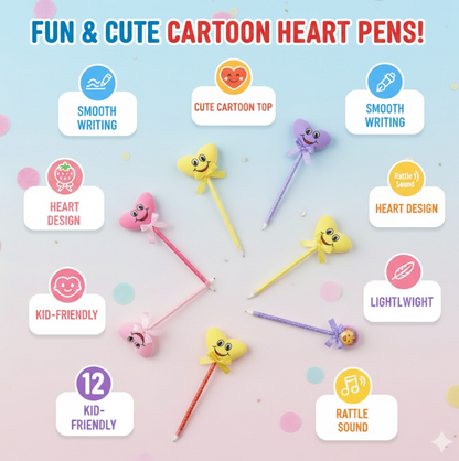 Cute Cartoon Shape & Heart Design Facy Writting Pen Attached Rattle | Ball Pen Smooth Writing For Wedding , Events & Multiuse Pen  Best Pen l Use for Kids (12 Pcs Set Mix Design & Color)
