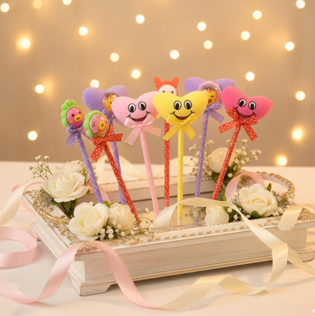 Cute Cartoon Shape & Heart Design Facy Writting Pen Attached Rattle | Ball Pen Smooth Writing For Wedding , Events & Multiuse Pen  Best Pen l Use for Kids (12 Pcs Set Mix Design & Color)