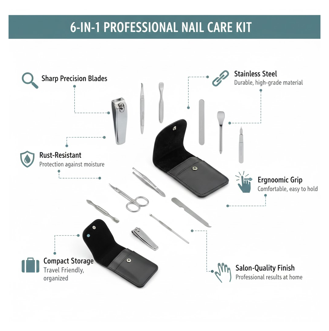 6-in-1 Professional Nail Care Kit: Clippers, Scissors & More Nail (Travel or Home)