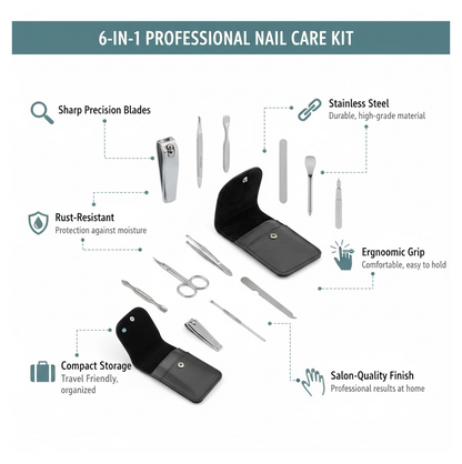 6-in-1 Professional Nail Care Kit: Clippers, Scissors & More Nail (Travel or Home)
