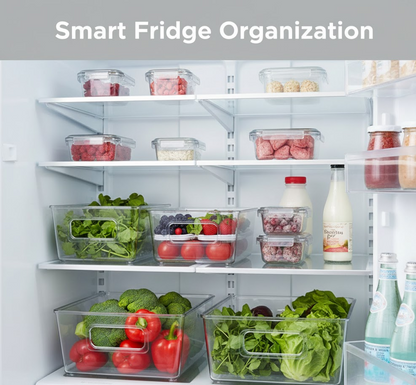 Stackable fridge organizer bins side by side