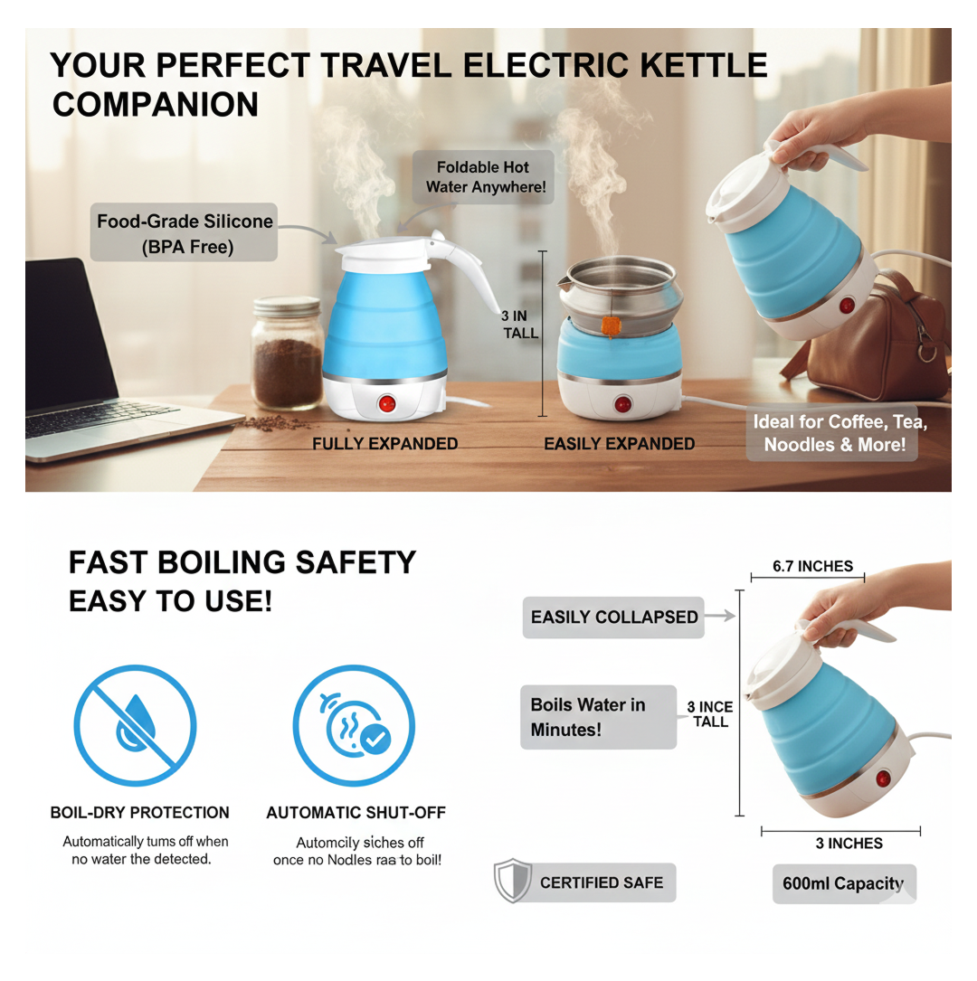 Silicone Foldable Collapsible Electric Water Kettle Camping Boiler