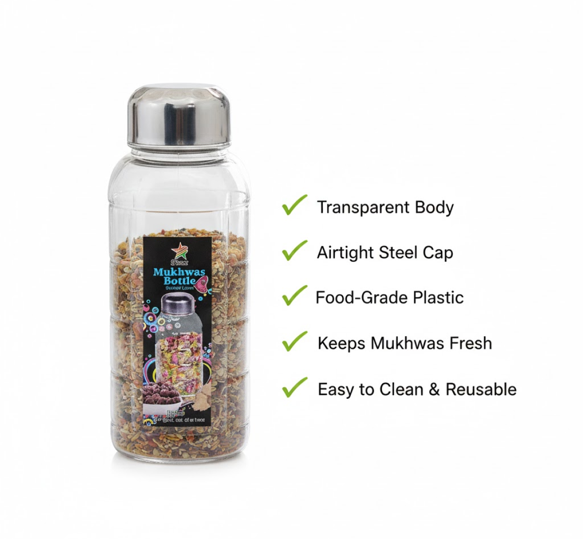 Mukhwas bottle shown with dry fruits inside