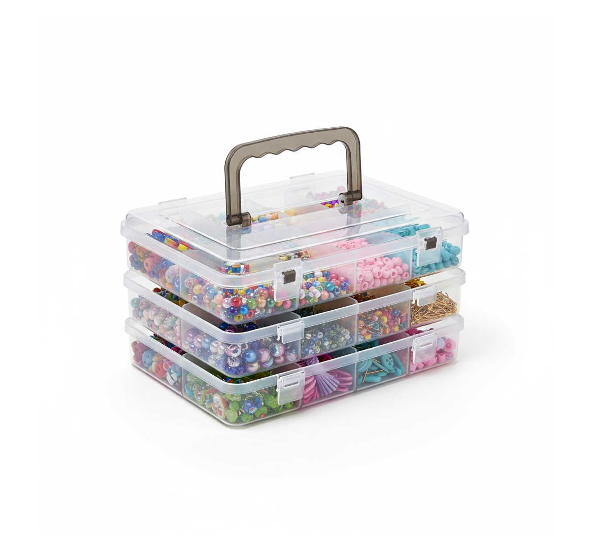 3-Tier Transparent Craft Storage Box with 18 Adjustable Compartments