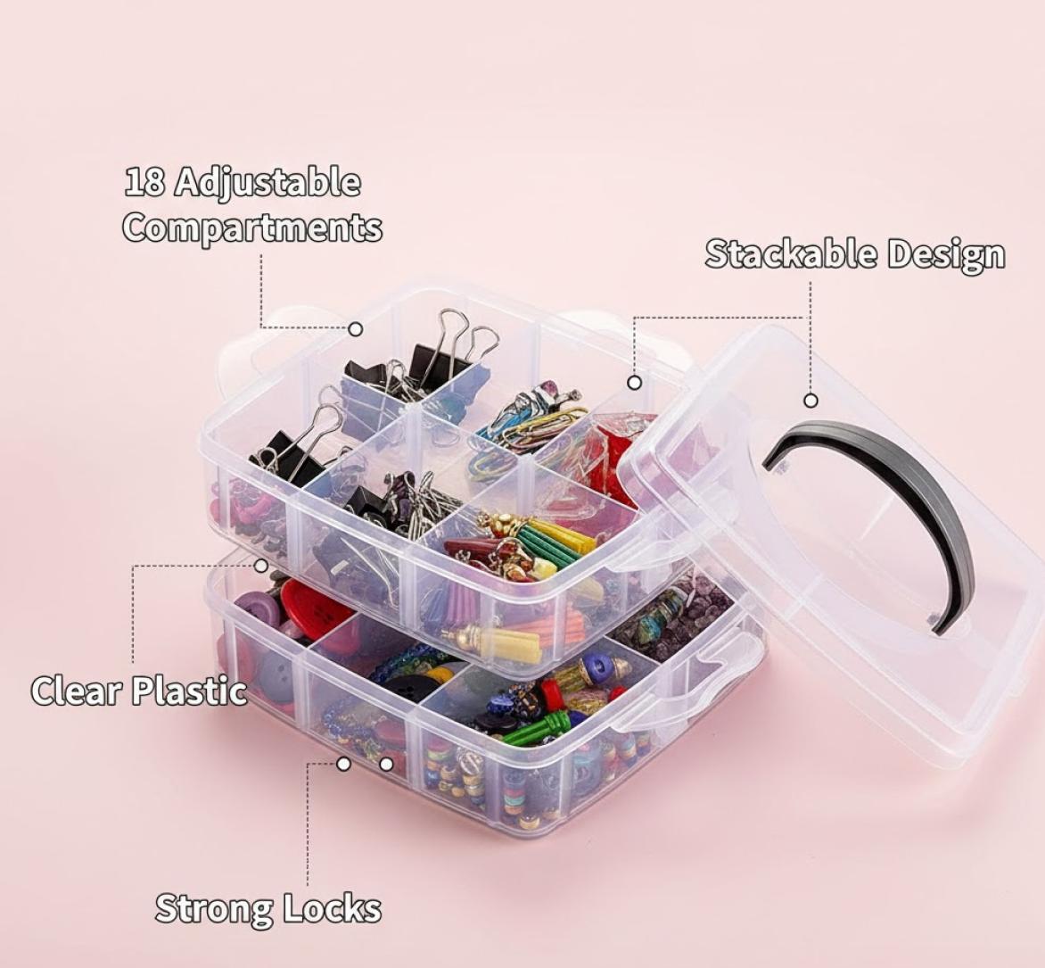 3-Tier Transparent Craft Storage Box with 18 Adjustable Compartments