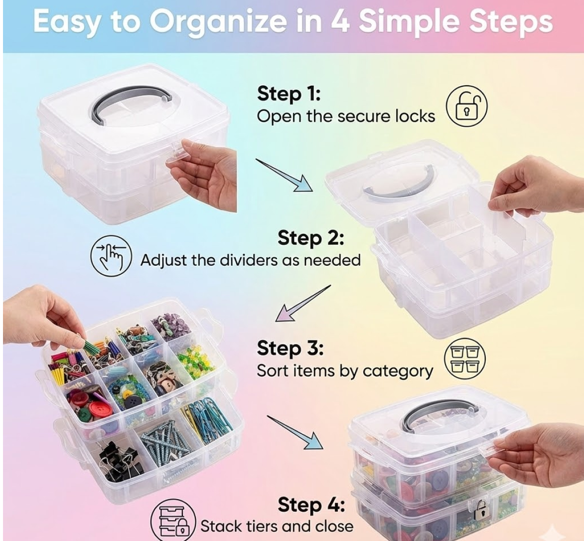3-Tier Transparent Craft Storage Box with 18 Adjustable Compartments