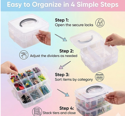 3-Tier Transparent Craft Storage Box with 18 Adjustable Compartments