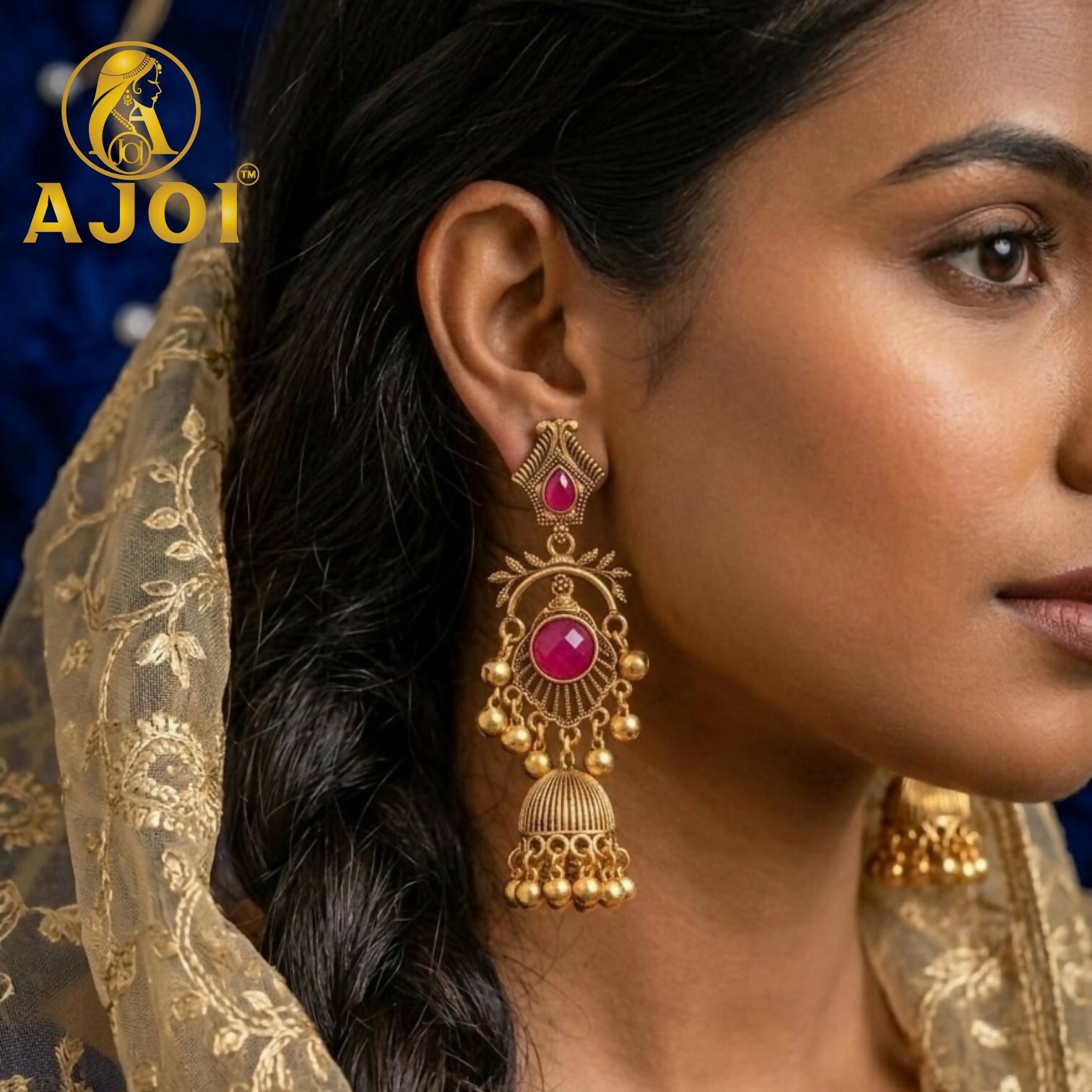 Antique Gold Plated Jhumka Earrings with Ruby Red Stone Traditional