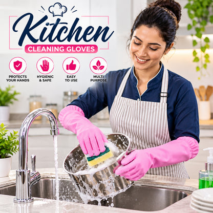 Long Cuff Silicone Scrubber Cleaning Gloves for Kitchen and Home Use