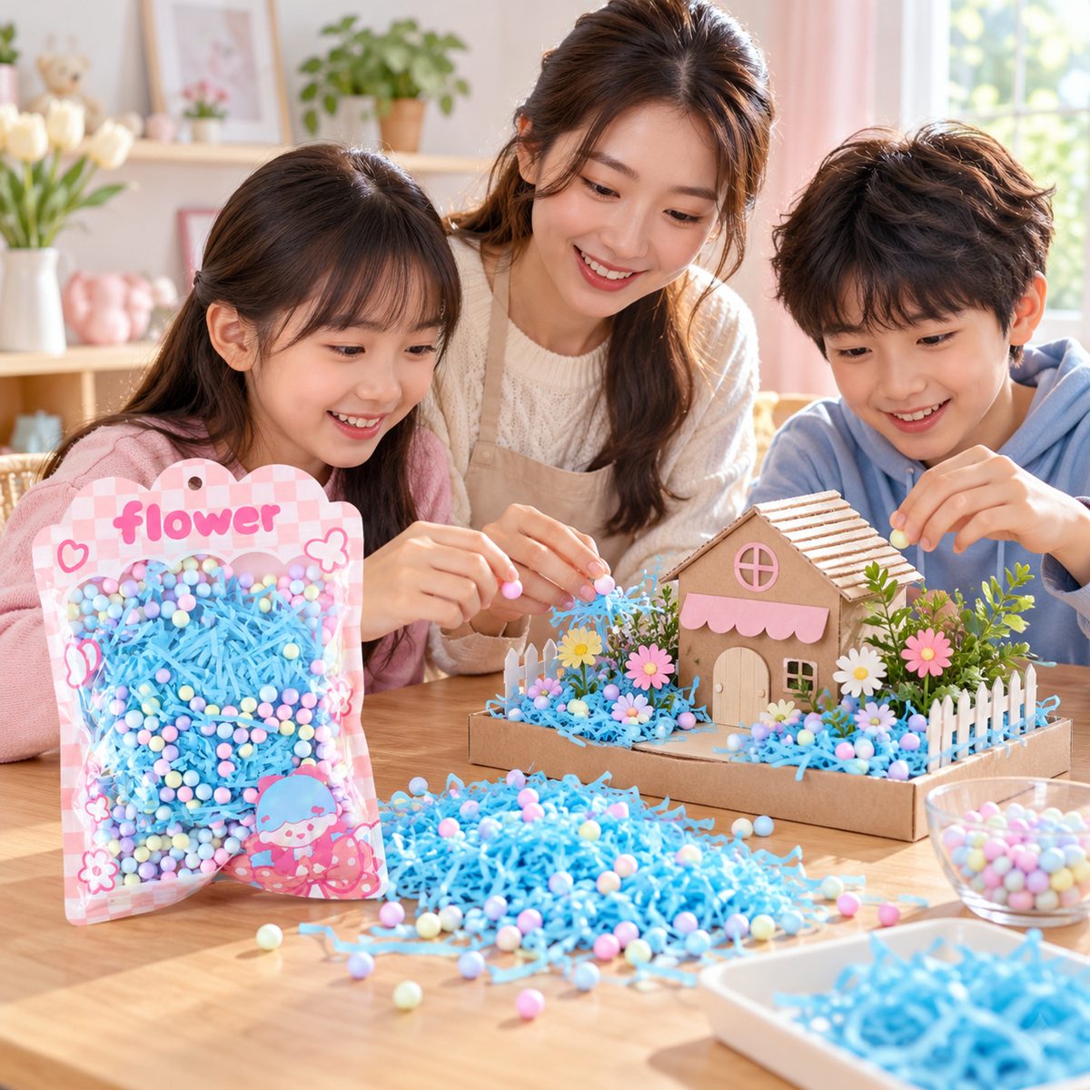 Two children and an adult crafting a miniature house scene with blue shredded paper and pastel foam balls.