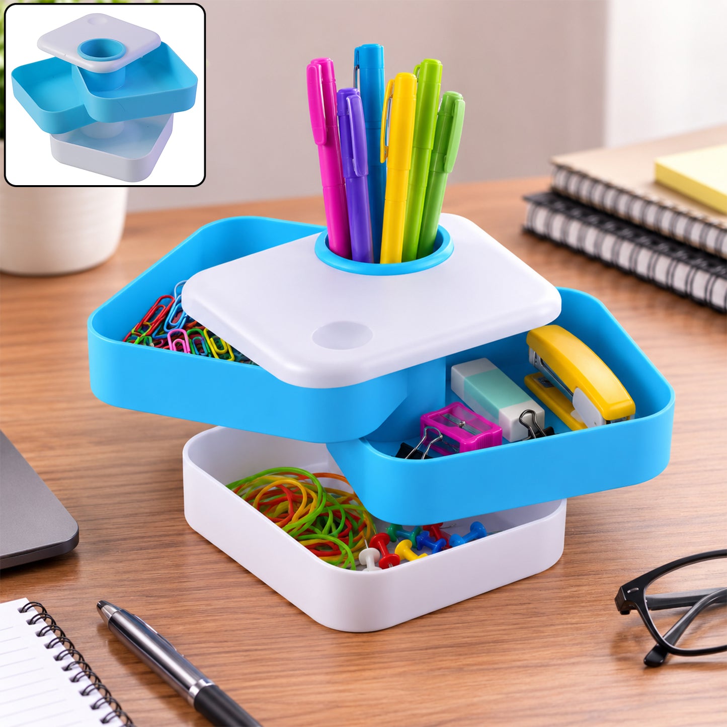 Rotating Desk Organizer Pen Stand with Multi-Layer Storage Trays for Stationery