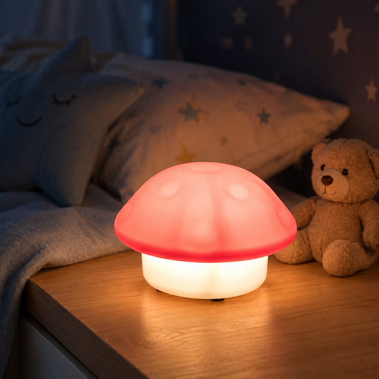 Glowing mushroom night light on a bedside table next to a teddy bear and pillows.