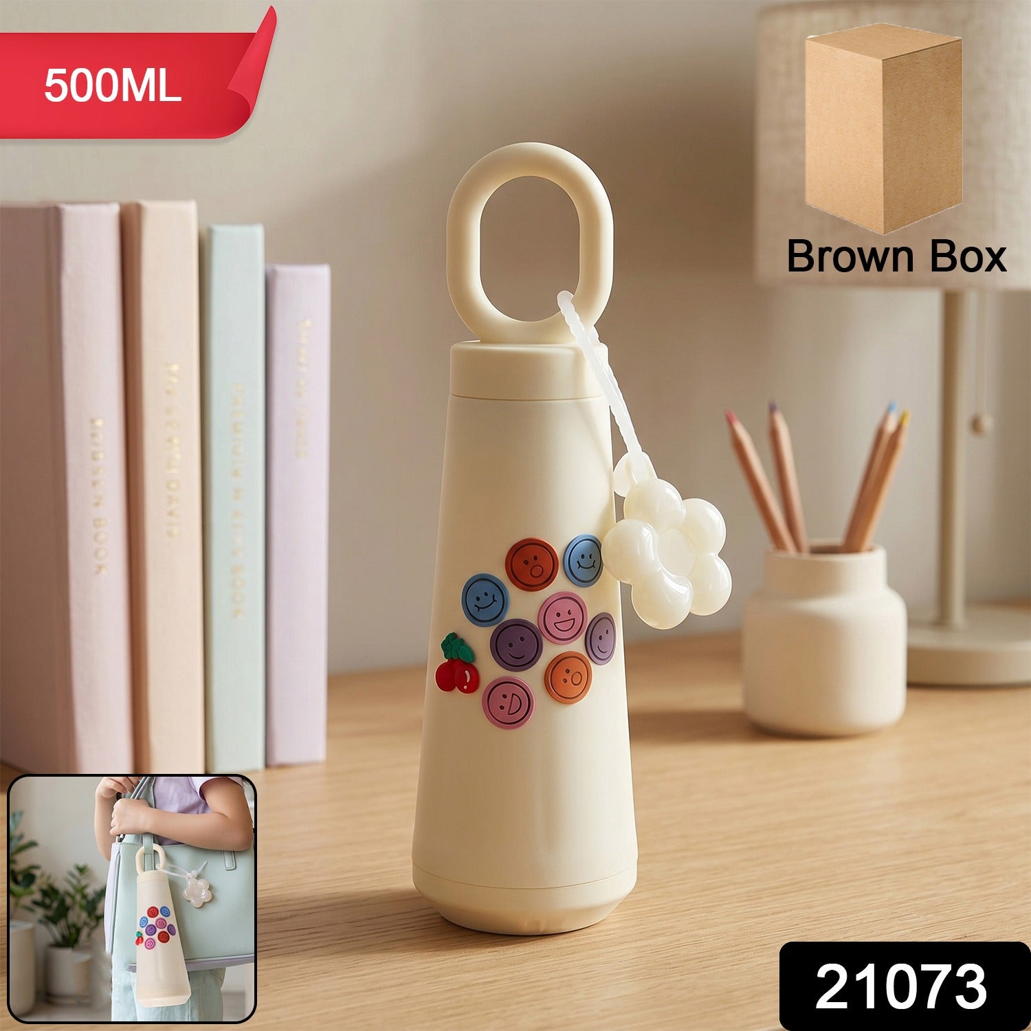 Closed 500ml glass water bottle with handle and cherry charm
