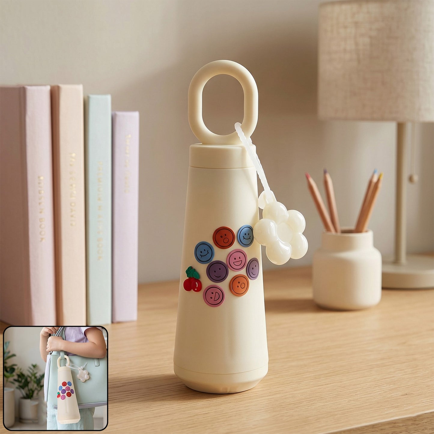 500ml glass water bottle with smile buttons and cherry design