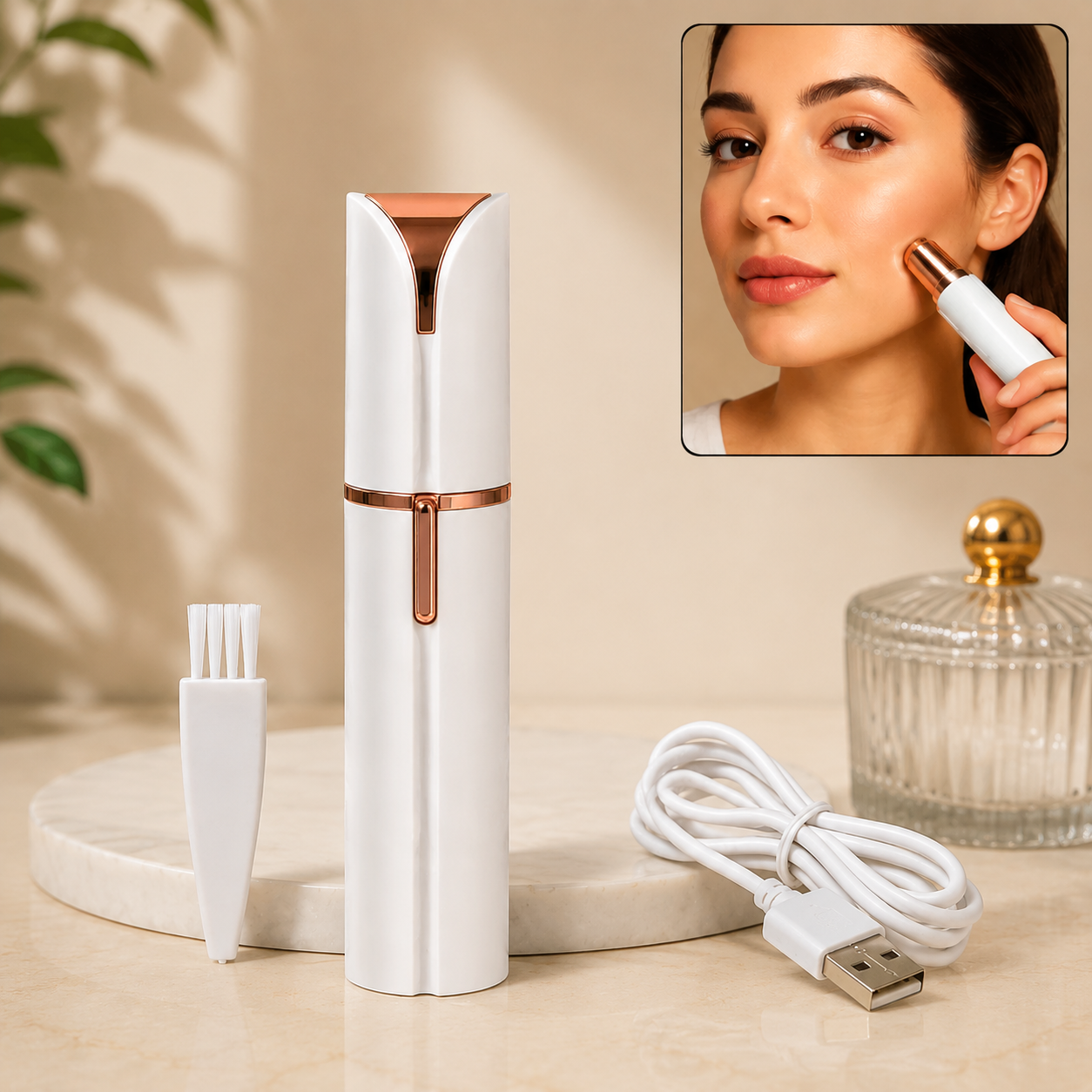 White and rose gold facial hair remover with a cleaning brush, charging cable, and a woman using it on her cheek.