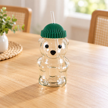 Bear shape glass water bottle with straw - tabletop display