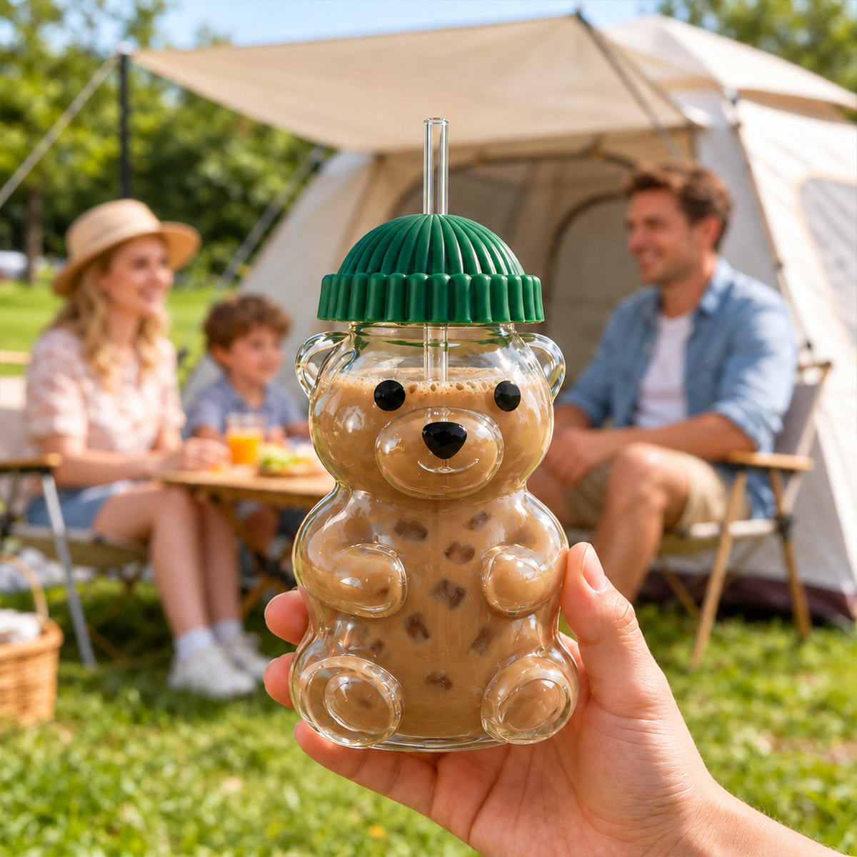 Bear shape glass water bottle with straw - picnic display