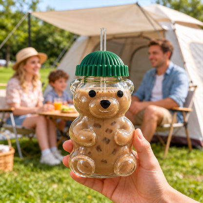 Bear shape glass water bottle with straw - picnic display