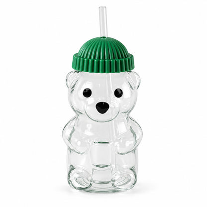 Bear shape glass water bottle with straw - white background