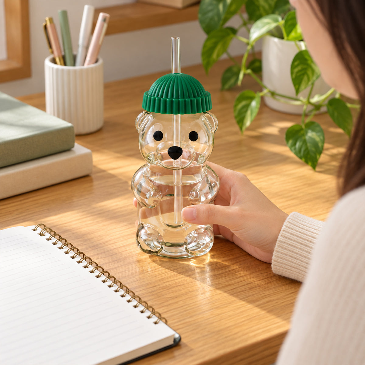 Bear shape glass water bottle with straw - desk use