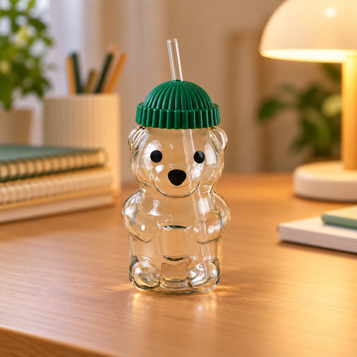 Bear shape glass water bottle with straw - home display