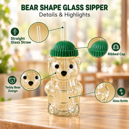 Bear shape glass water bottle with straw - bottle and lid details