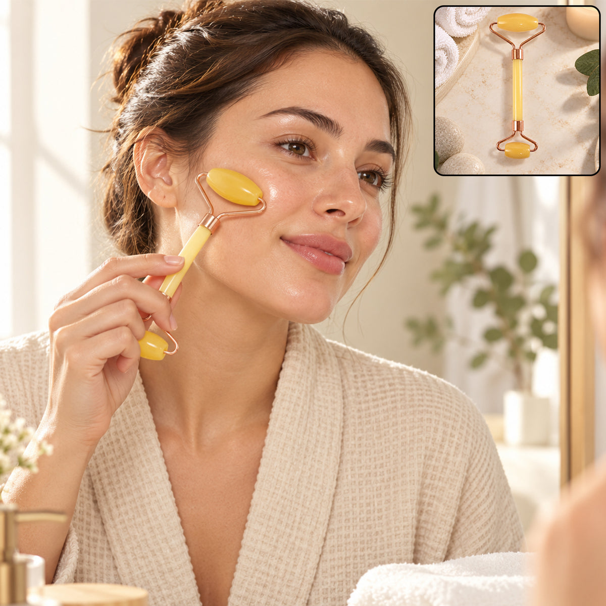 Dual-ended facial roller massager in use