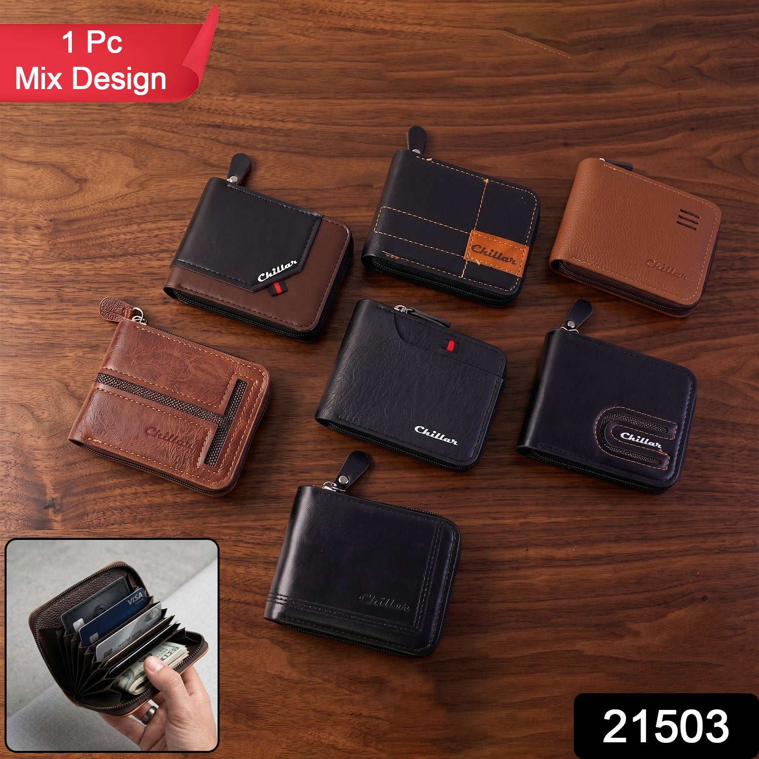 Top view of multi-card zip-around wallet