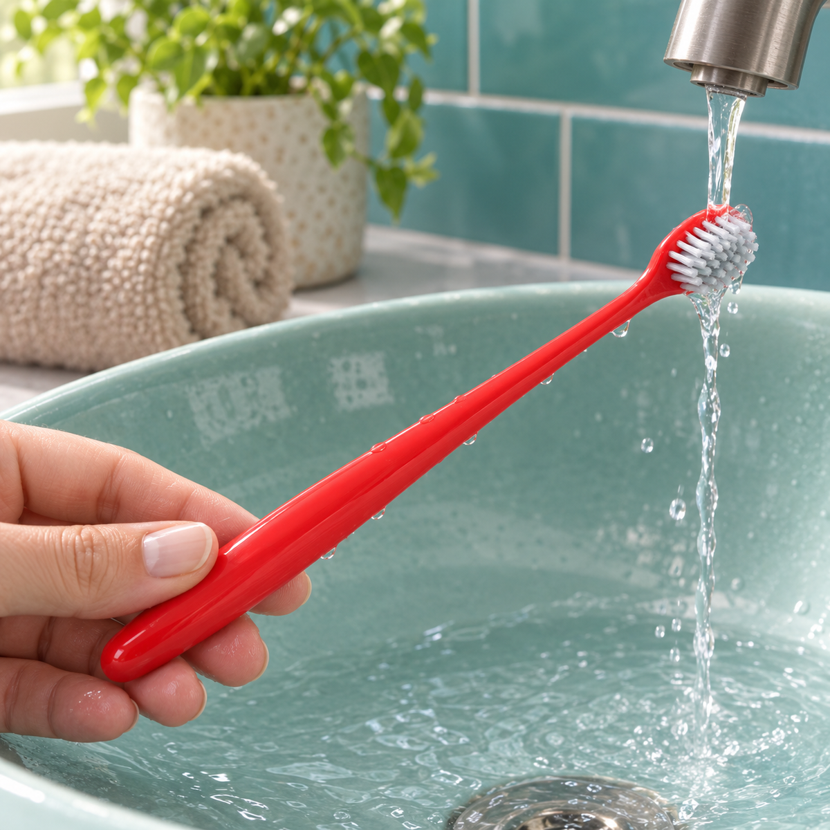 A hand holds a red toothbrush under running water in a light green ceramic sink basin.