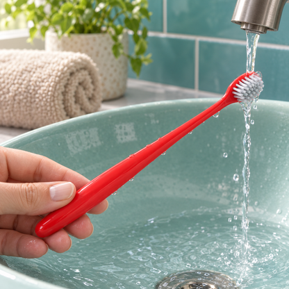 A hand holds a red toothbrush under running water in a light green ceramic sink basin.
