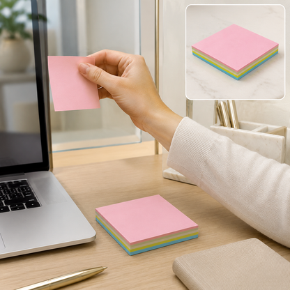 A hand peeling a pink sticky note from a stack of colorful sticky notes on a wooden desk with a laptop. A smaller inset