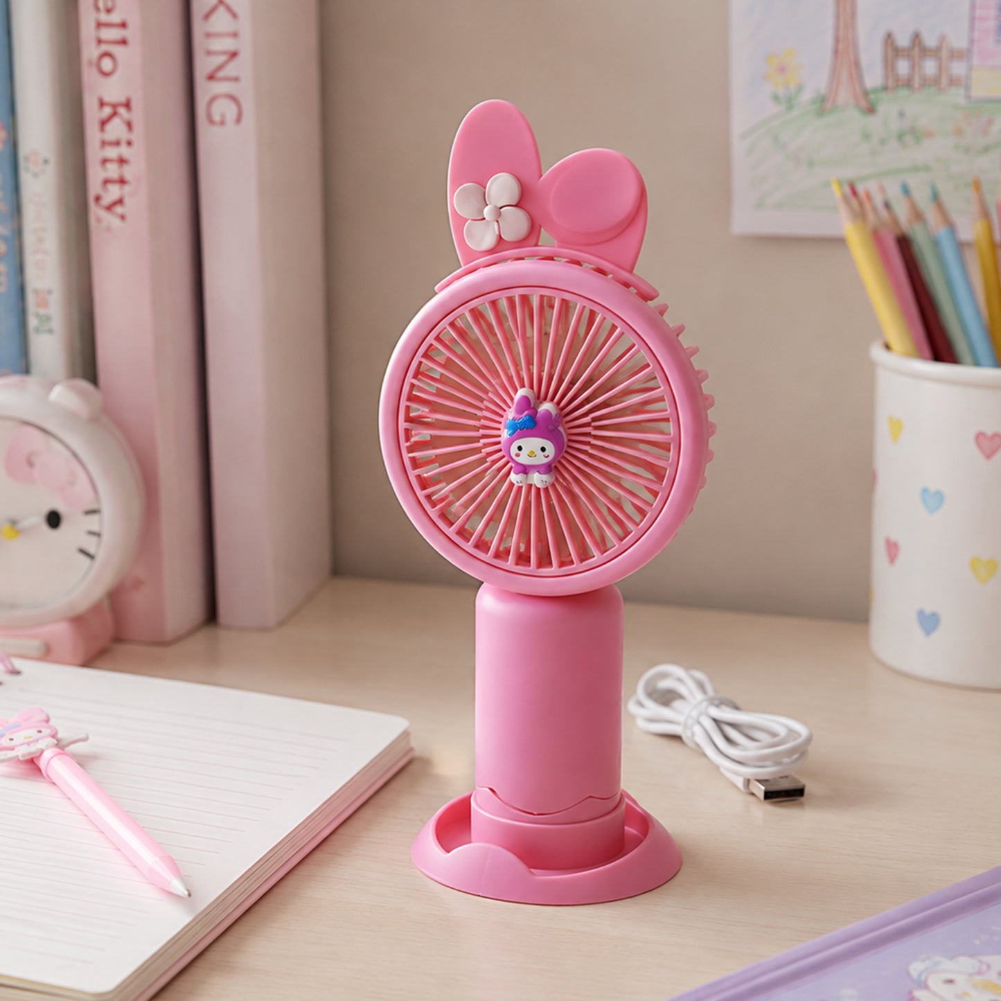 USB rechargeable mini fan on desktop stand