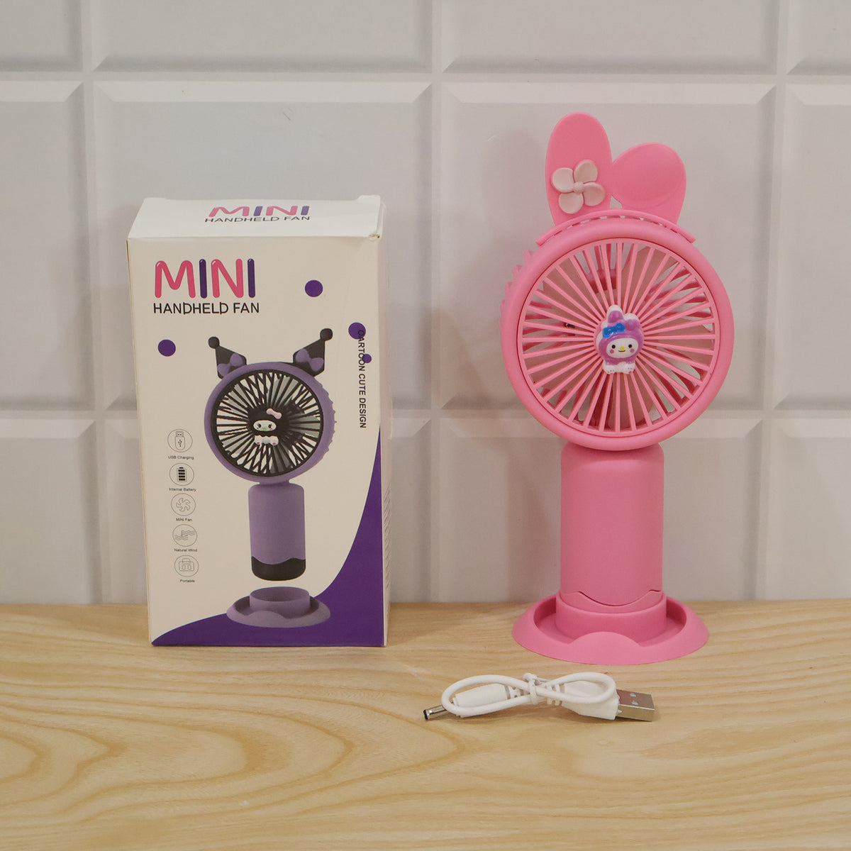 Mini handheld fan live product photo with color box