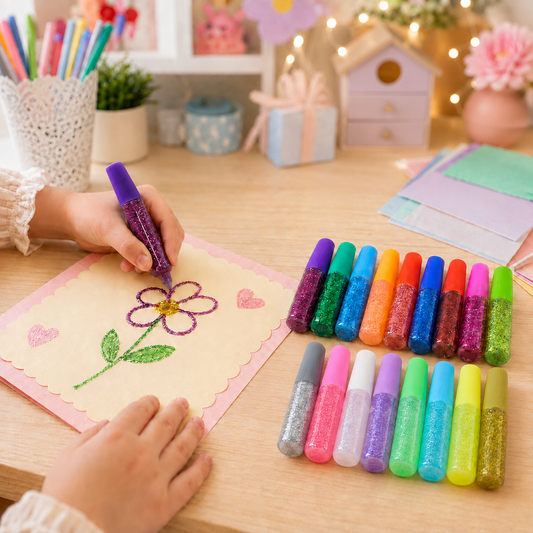 A child's hands drawing a flower with purple glitter glue on a light yellow card with pink hearts.