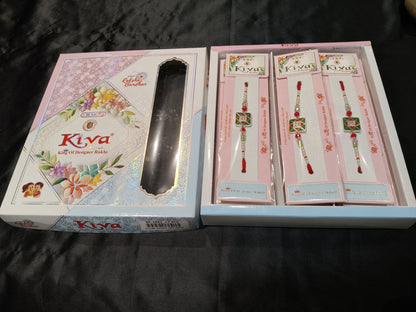 Combo Pack of 12 Green Square Designer Rakhis with Red Accents and Pearl Beaded Threads – Festive Gift Edition