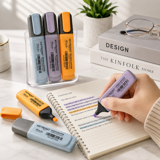 A hand highlights text with a purple Keyroad Metallic highlighter on a spiral notebook.