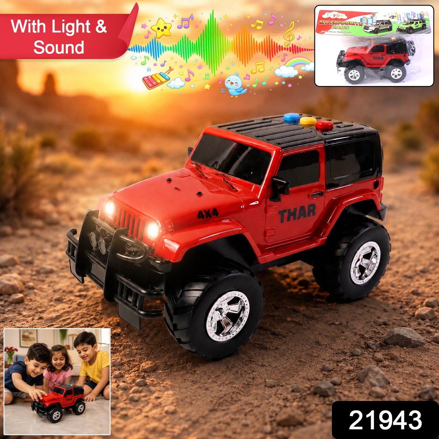 Side view of Kids Hunter Off-Road Friction Powered Toy Jeep with lights on