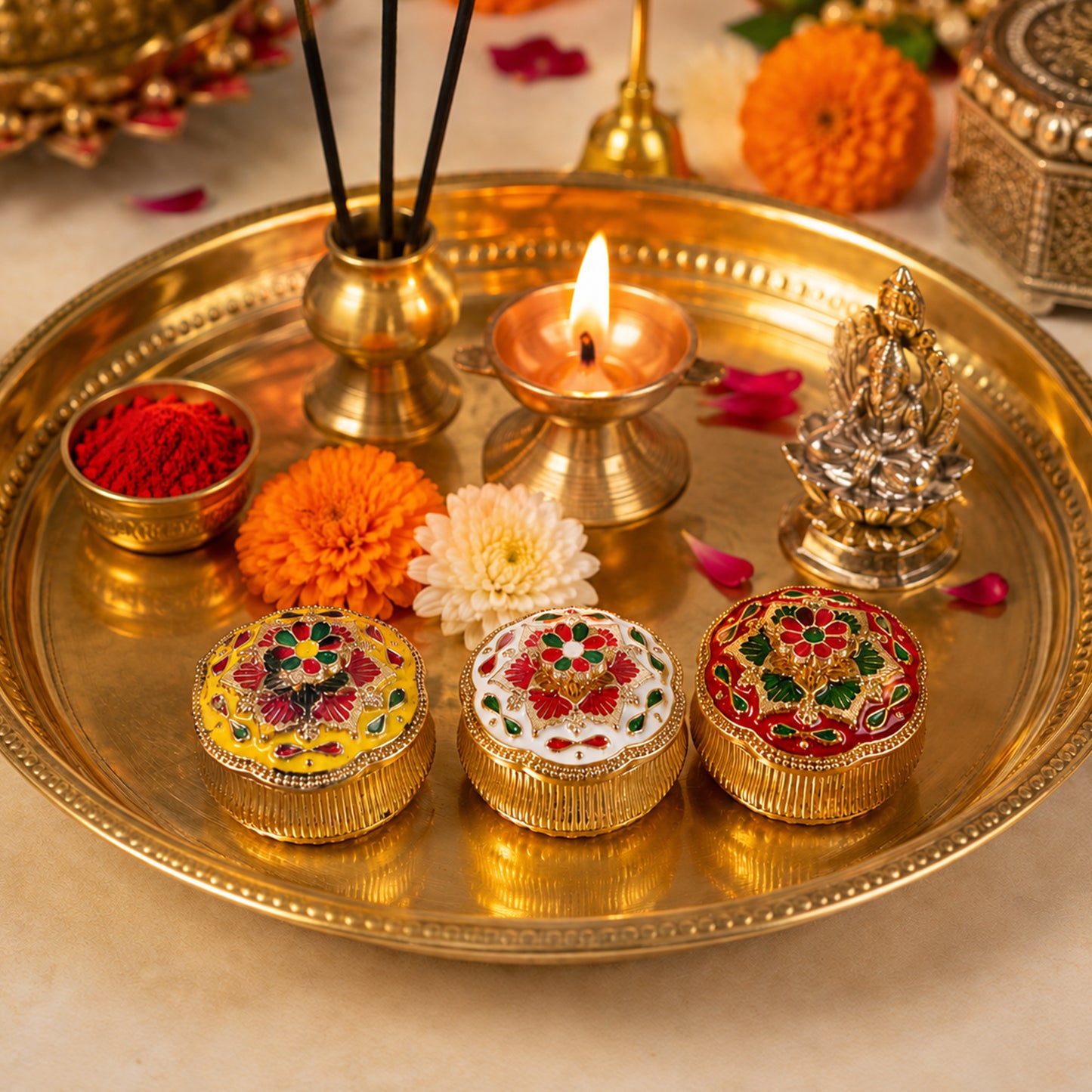 Decorative kumkum container in pooja setup