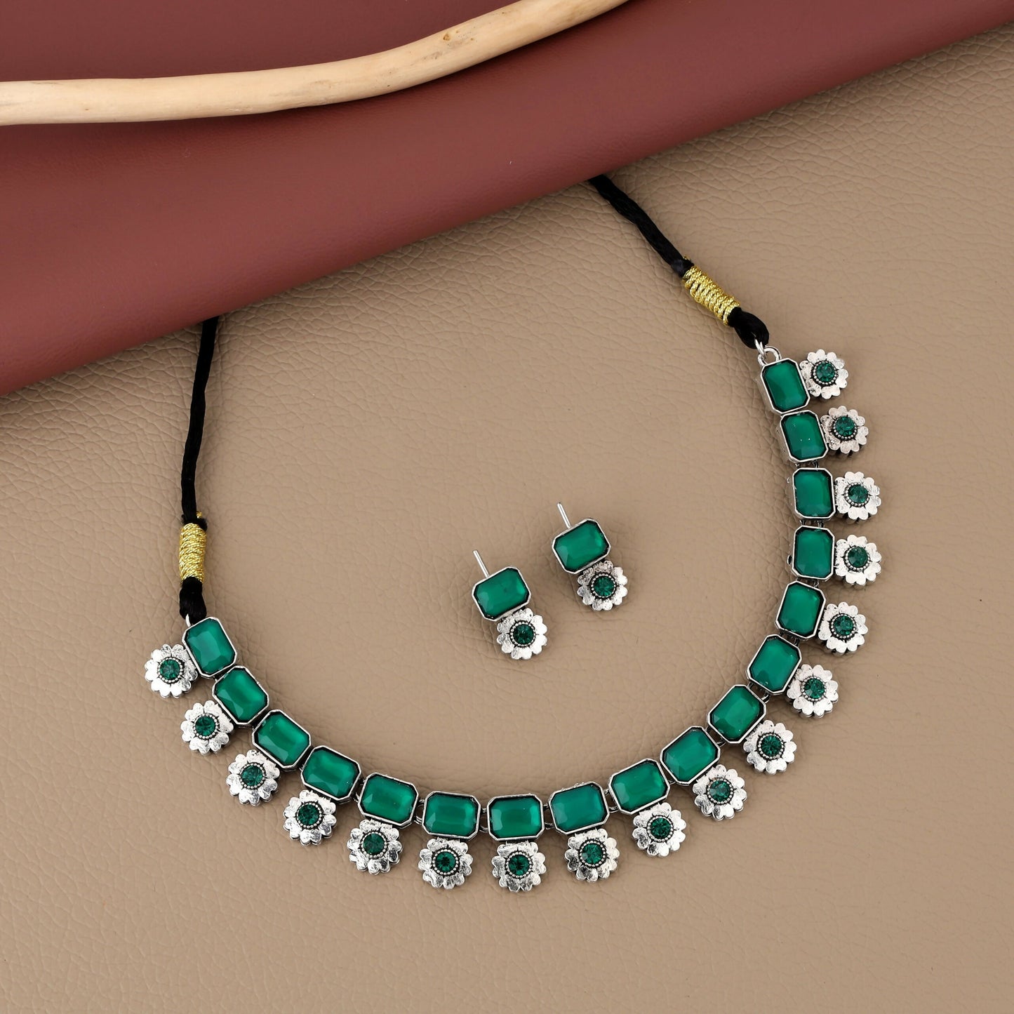 Bohemian Oxidized Silver Choker Set with Emerald Green Stones