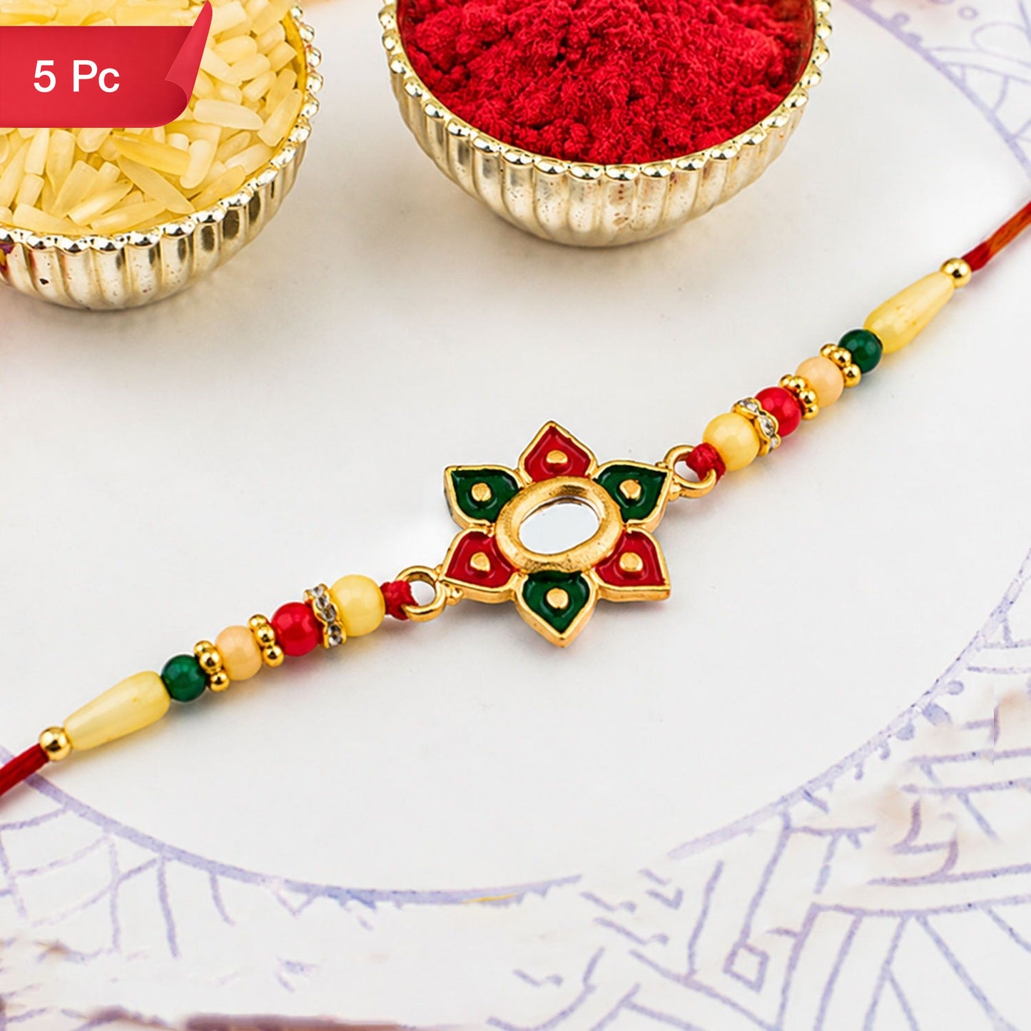 Floral Rakhi with Multicolor Stone Work Elegant Raksha Bandhan Gift (5pcs)