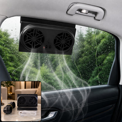 Solar powered car window ventilation fan installed view