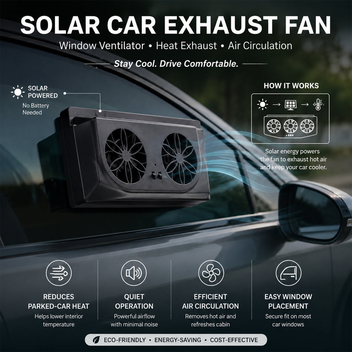 Solar car exhaust fan feature view