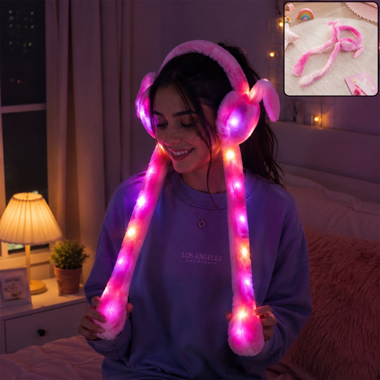 LED plush winter earmuffs glowing in use