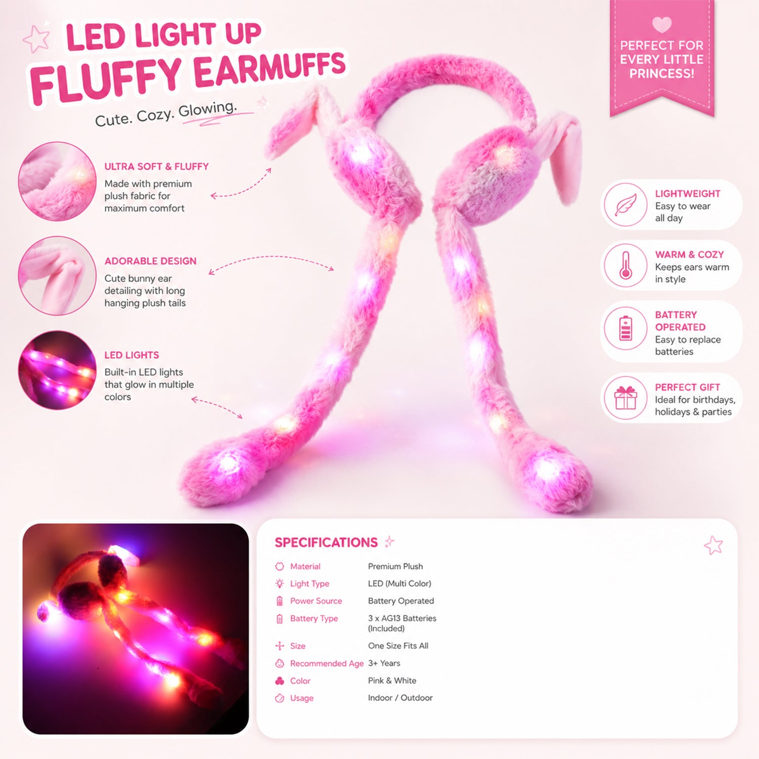 Light up fluffy earmuffs features