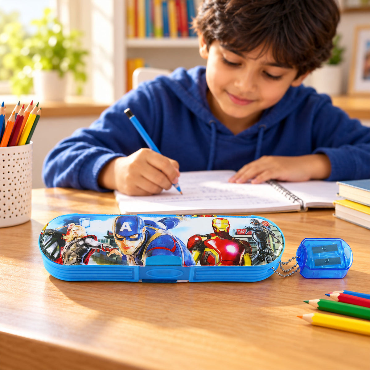 Plastic printed stationery pencil box with attached sharpener 02