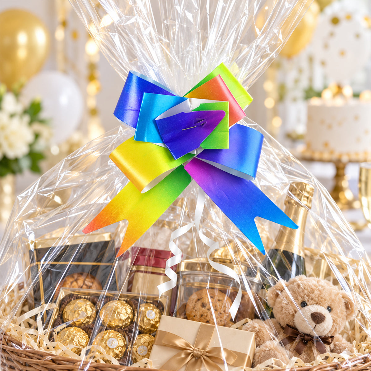 Colourful rainbow pull bow ribbons for gift wrapping five piece set 04